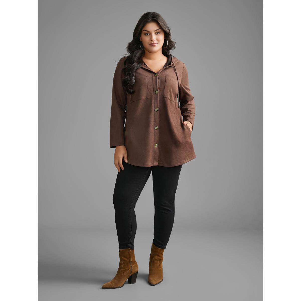 Plus Size Faux Suede Pocket Hooded Drawstring Jacket Women DarkBrown Drawstring Loose Side seam pocket Everyday Jackets BloomChic 14-16/1X Product Image