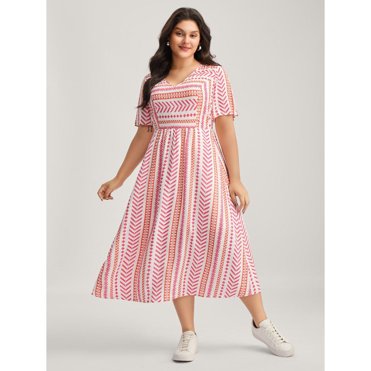 Plus Size Geometric Stripes V-Neck Midi Dress Watermelon Women Non V-neck Short sleeve Curvy BloomChic 28/5X Product Image