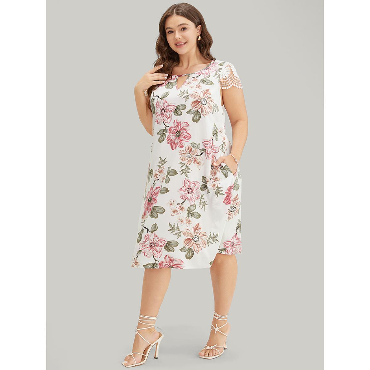 Plus Size Floral Pocket Keyhole Lace Cap Sleeve Flutter Dress Multicolor Women Elegant Printed Keyhole Cut-Out Cap Sleeve Curvy Knee Dress BloomChic 14-16/1X Product Image