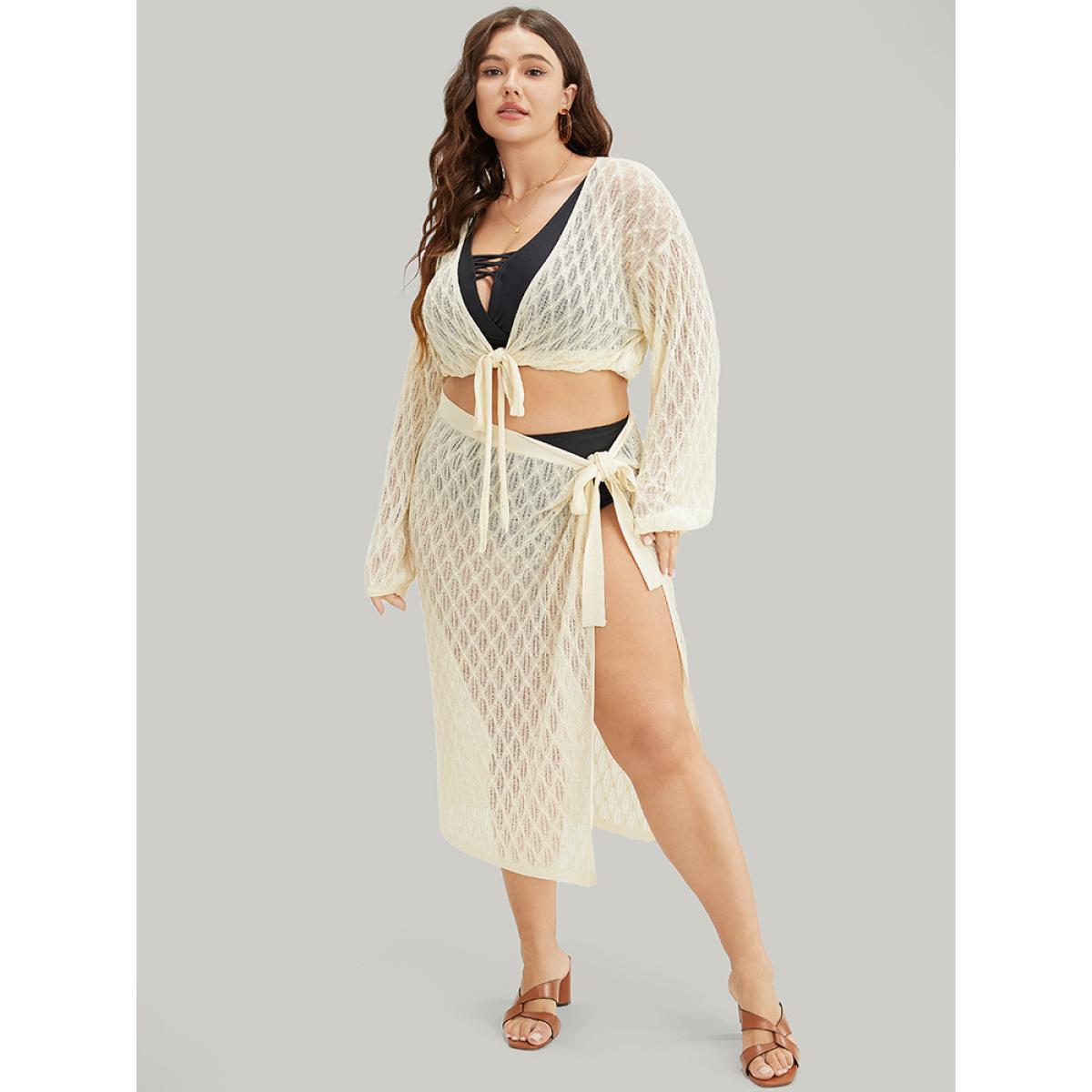 Plus Size Plain Argyle Eyelet Knotted Open Front Cardigan Beige Women Vacation Long Sleeve Going out Cardigans BloomChic 26/4X Product Image
