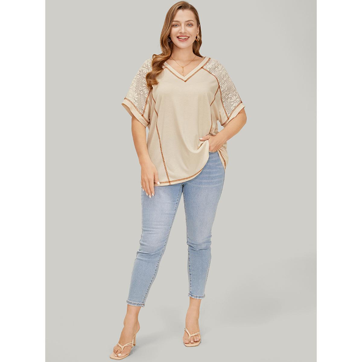 Plus Size Floral Lace Insert Stitch Trim T-shirt Beige Women Elegant Plain V-neck Dailywear T-shirts BloomChic 26/4X Product Image