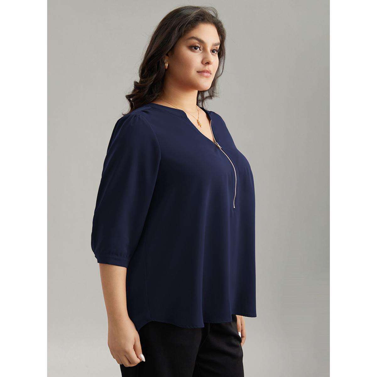 Plus Size DarkBlue Plain Half Zip Gathered Blouse Women Work From Home Elbow-length sleeve V-neck Work Blouses BloomChic 26/4X Product Image
