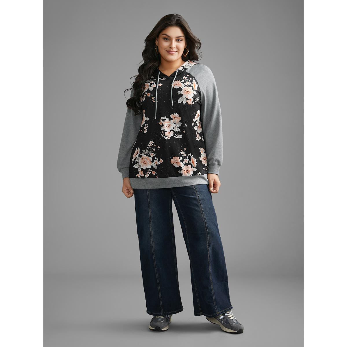 Plus Size Floral Patchwork Hooded Drawstring Sweatshirt Women DarkGray Casual Contrast Hooded Everyday Sweatshirts BloomChic 30/6X Product Image