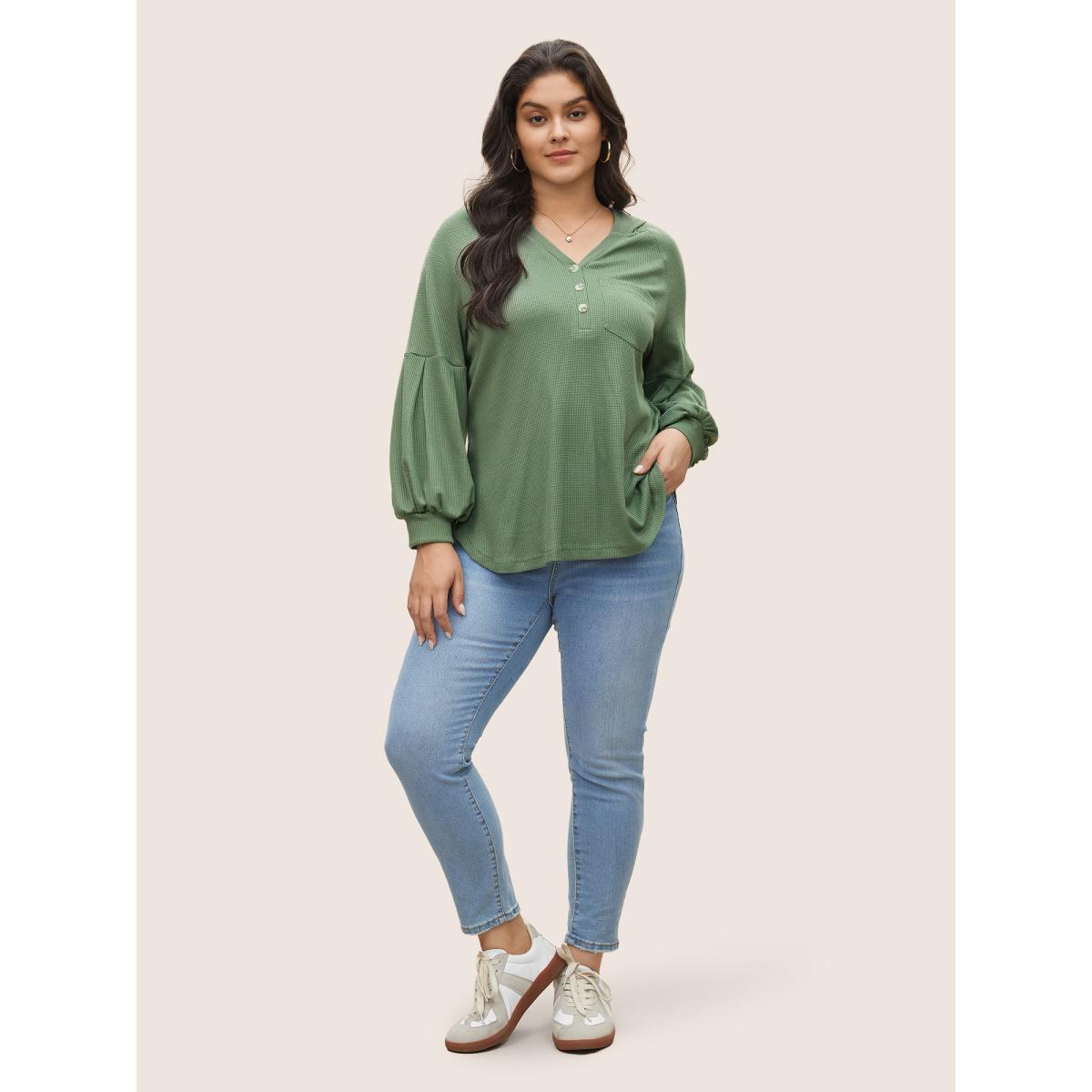Plus Size Waffle Knit Hooded Lantern Sleeve Patched Pocket Sweatshirt Women Mint Casual Texture Hooded Everyday Sweatshirts BloomChic 22-24/3X Product Image