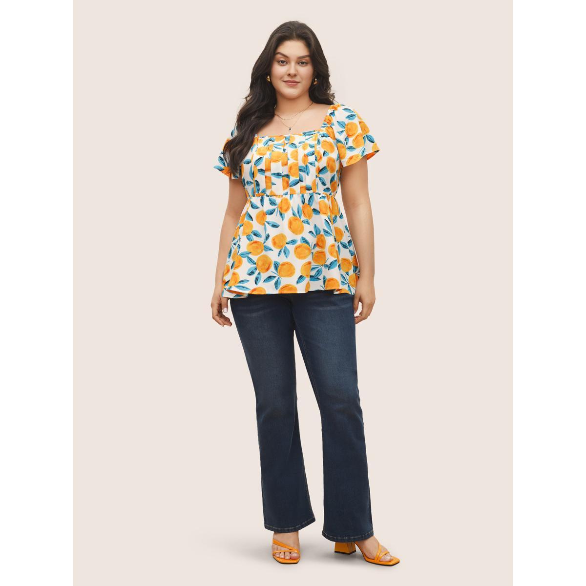 Plus Size Ivory Citrus Square Neck Orange Print Pleated Blouse Women Elegant Short sleeve Square Neck Everyday Blouses BloomChic 18-20/2X Product Image