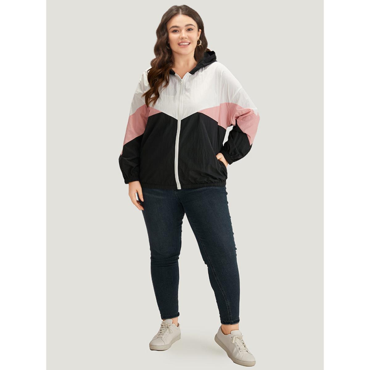 Plus Size Colorblock Contrast Zipper Pocket Hooded Jacket Women Black Elastic cuffs Pocket Dailywear Jackets BloomChic 18-20/2X Product Image