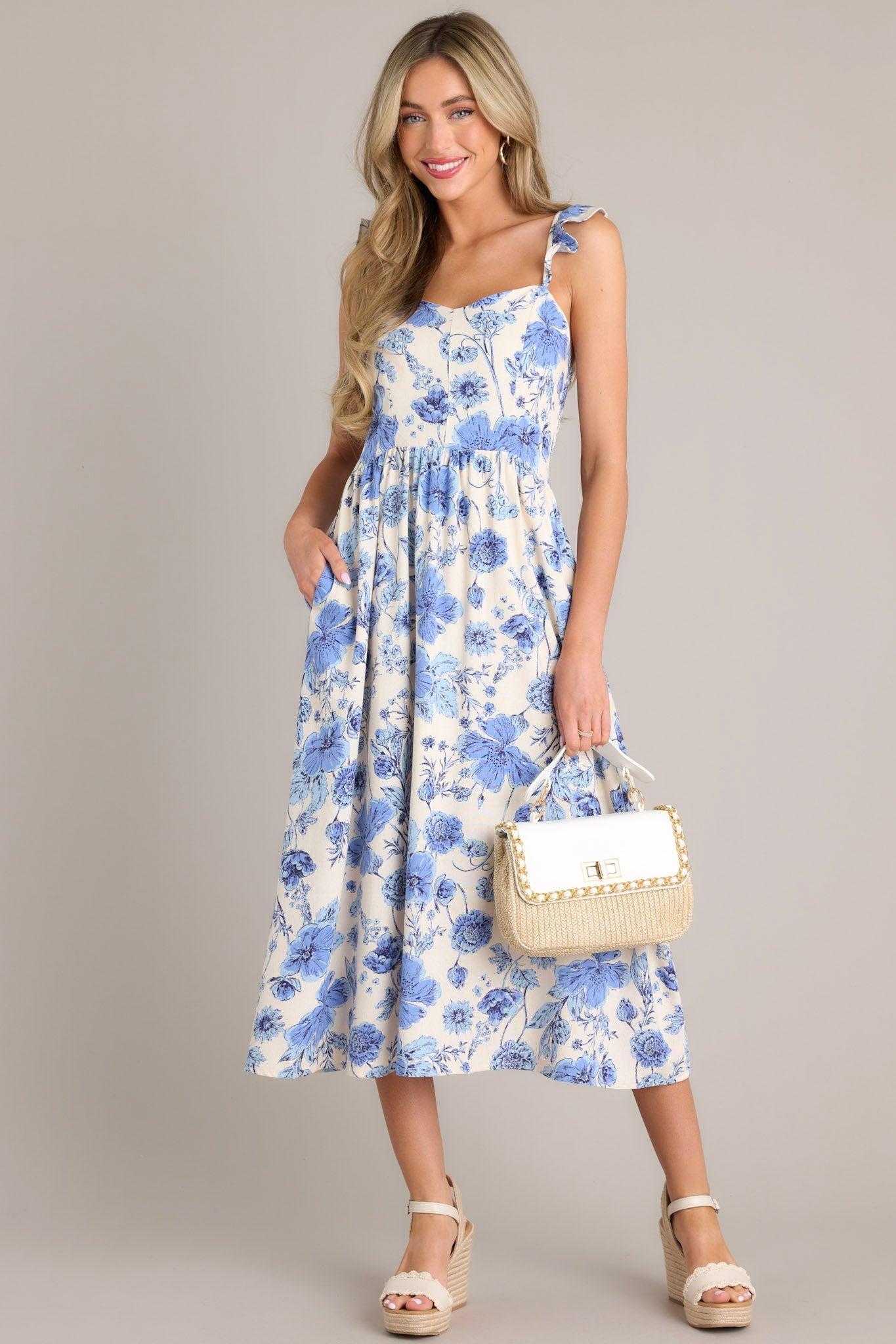 Blossoms Of Belief Ivory & Blue Floral Midi Dress Product Image