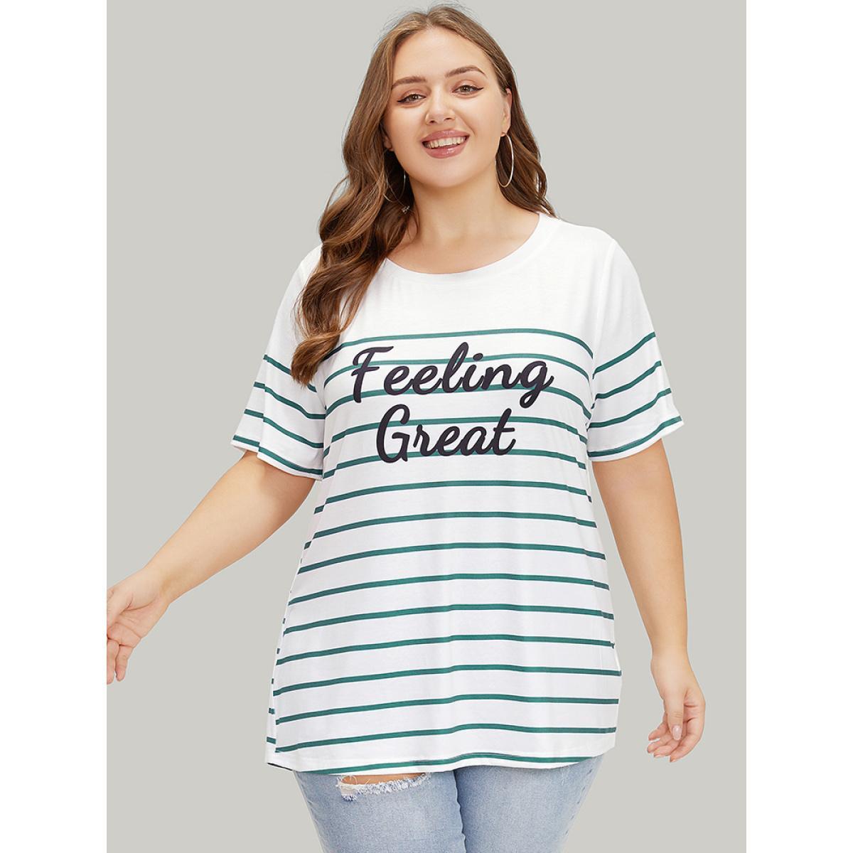 Plus Size Striped & Slogans Print Crew Neck T-shirt White Women Casual Positive slogan Dailywear T-shirts BloomChic 22-24/3X Product Image
