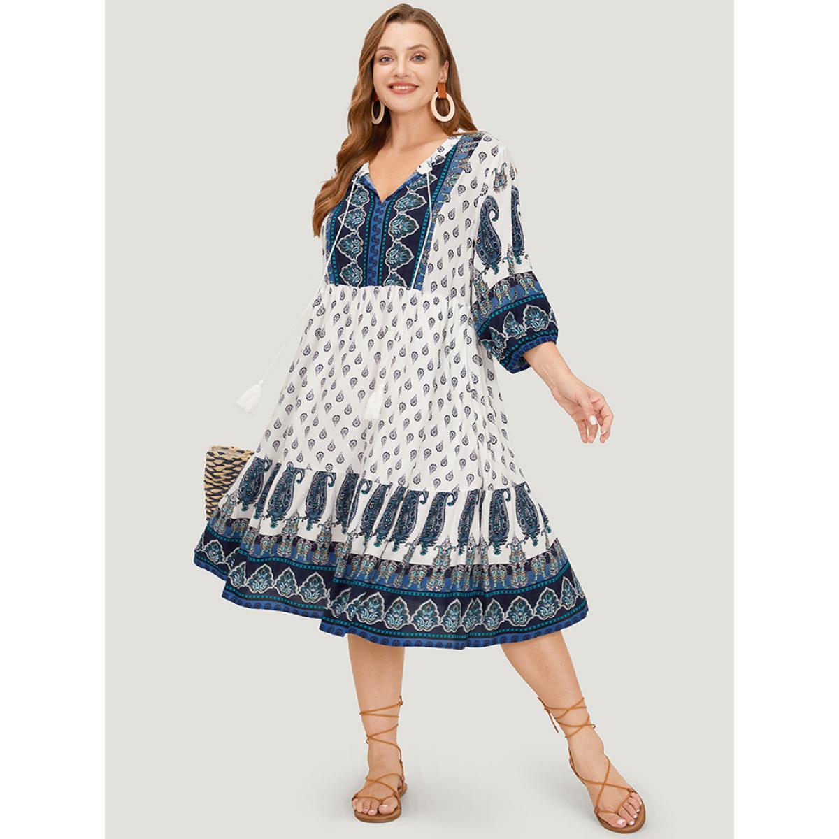 Plus Size Bandana Print Ruffles Lantern Sleeve Pocket Tassels Tie Neck Dress White Women Vacation Tassels Tie Neck Elbow-length sleeve Curvy Midi Dress BloomChic 30/6X Product Image