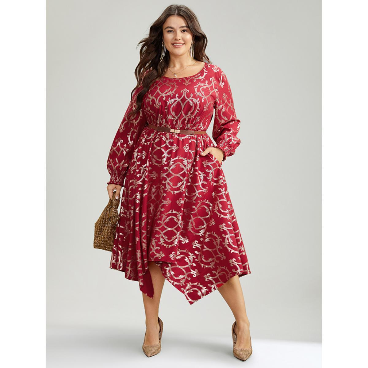 Plus Size Geometric Glitter Shirred Hanky Hem Dress Raspberry Women Party Printed Round Neck Long Sleeve Curvy Midi Dress BloomChic 28/5X Product Image