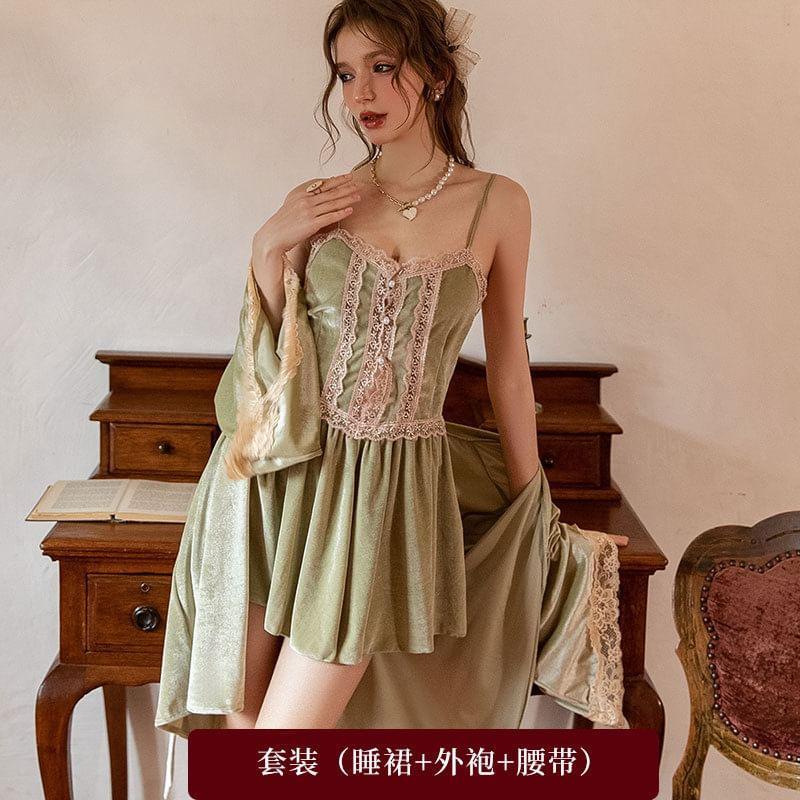 Cutout Lace Panel Velvet Slip Dress / Robe / Sash / Set Product Image