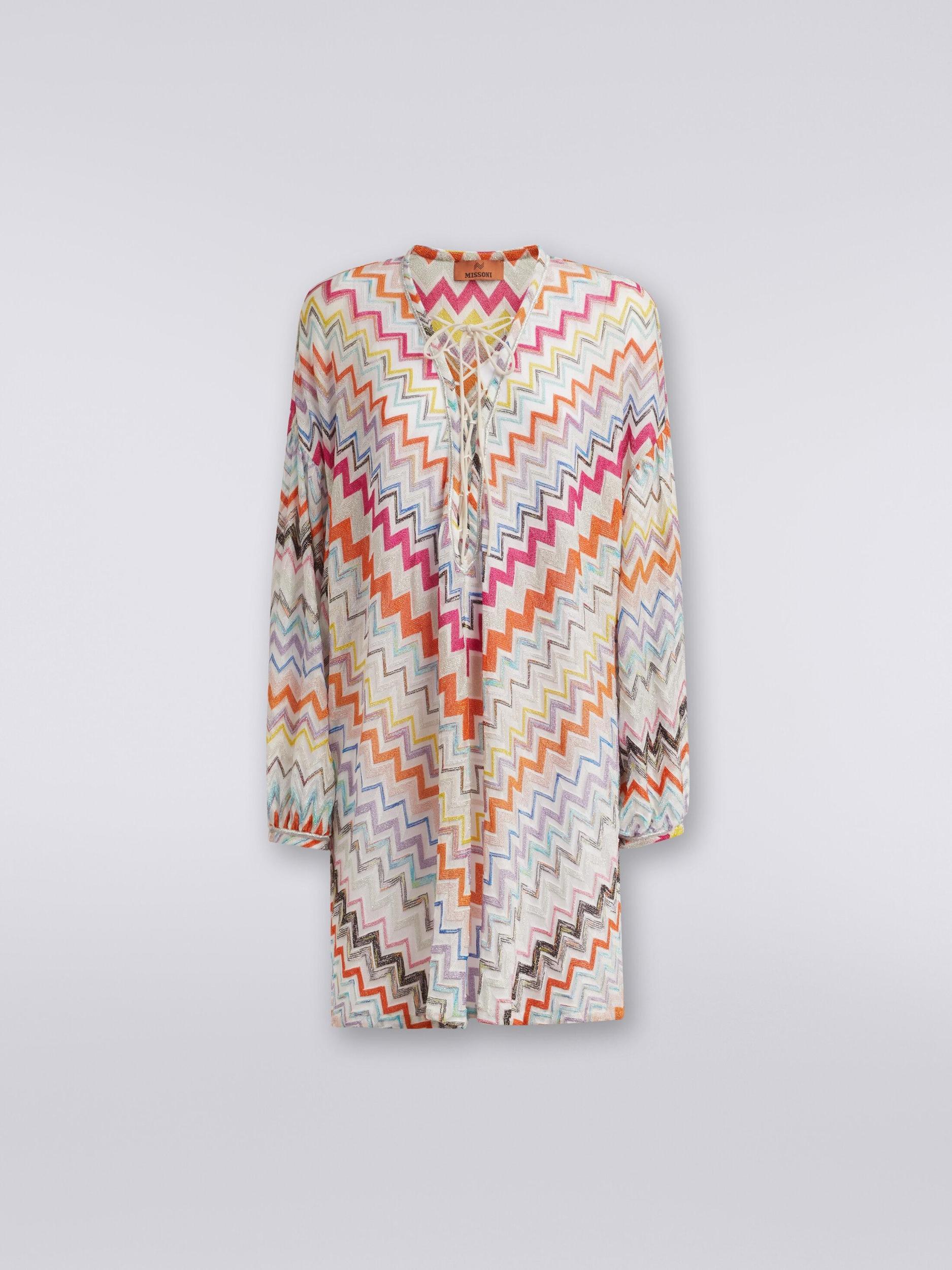 Short cover-up kaftan with zigzag pattern and lurex Product Image