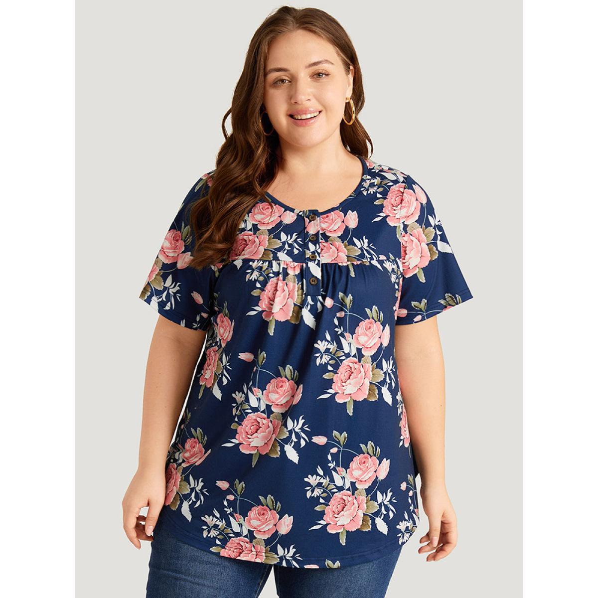 Plus Size Floral Print Button Up Flutter Gathered T-shirt Blue Women Elegant Printed Floral Open Front Dailywear T-shirts BloomChic 28/5X Product Image