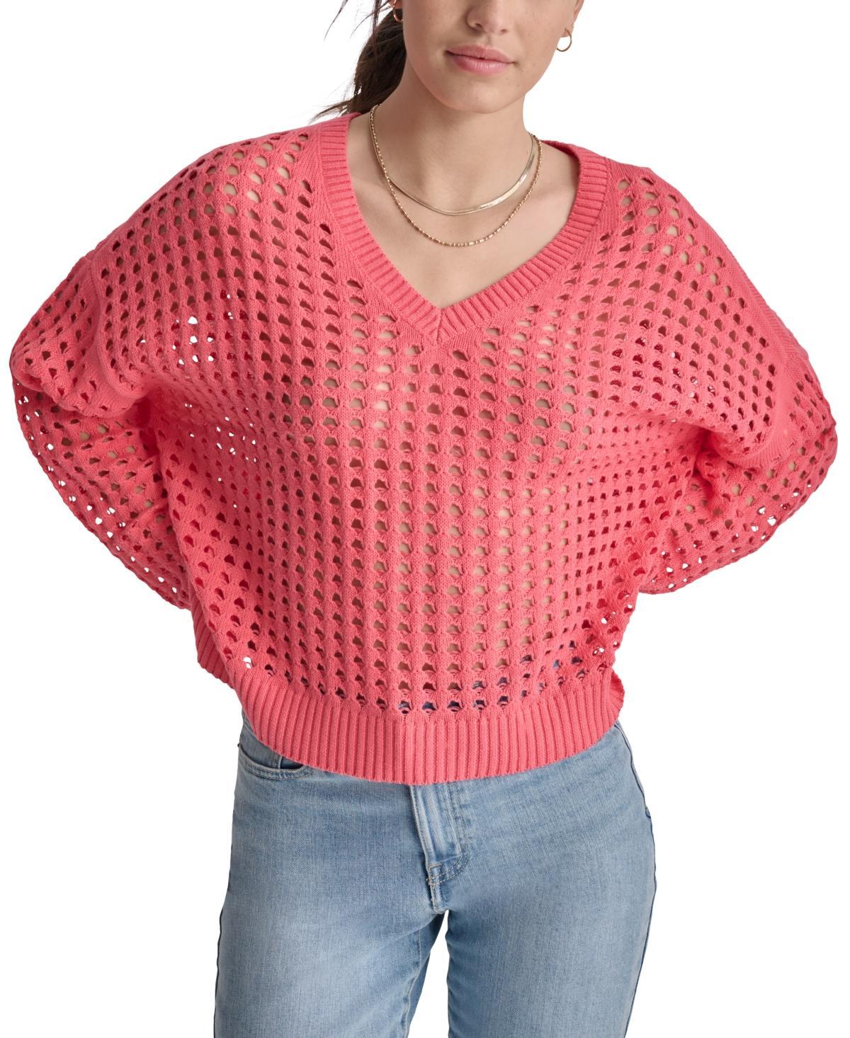 Dkny Jeans Womens V-Neck Open-Stitch Cotton Sweater Product Image