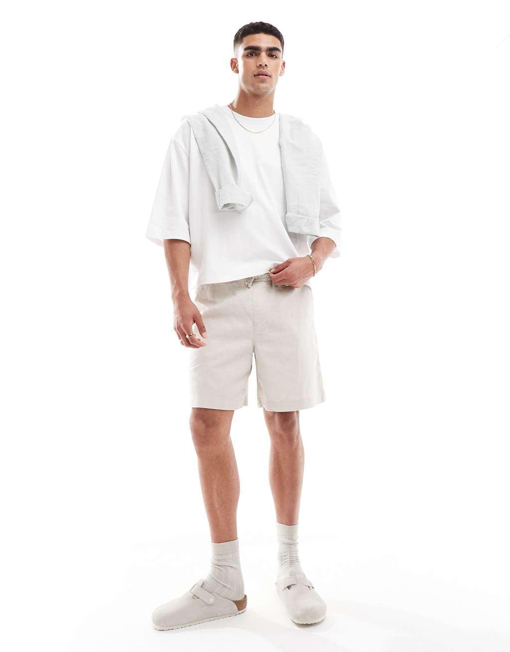 ASOS DESIGN wide linen mix shorts in stone Product Image