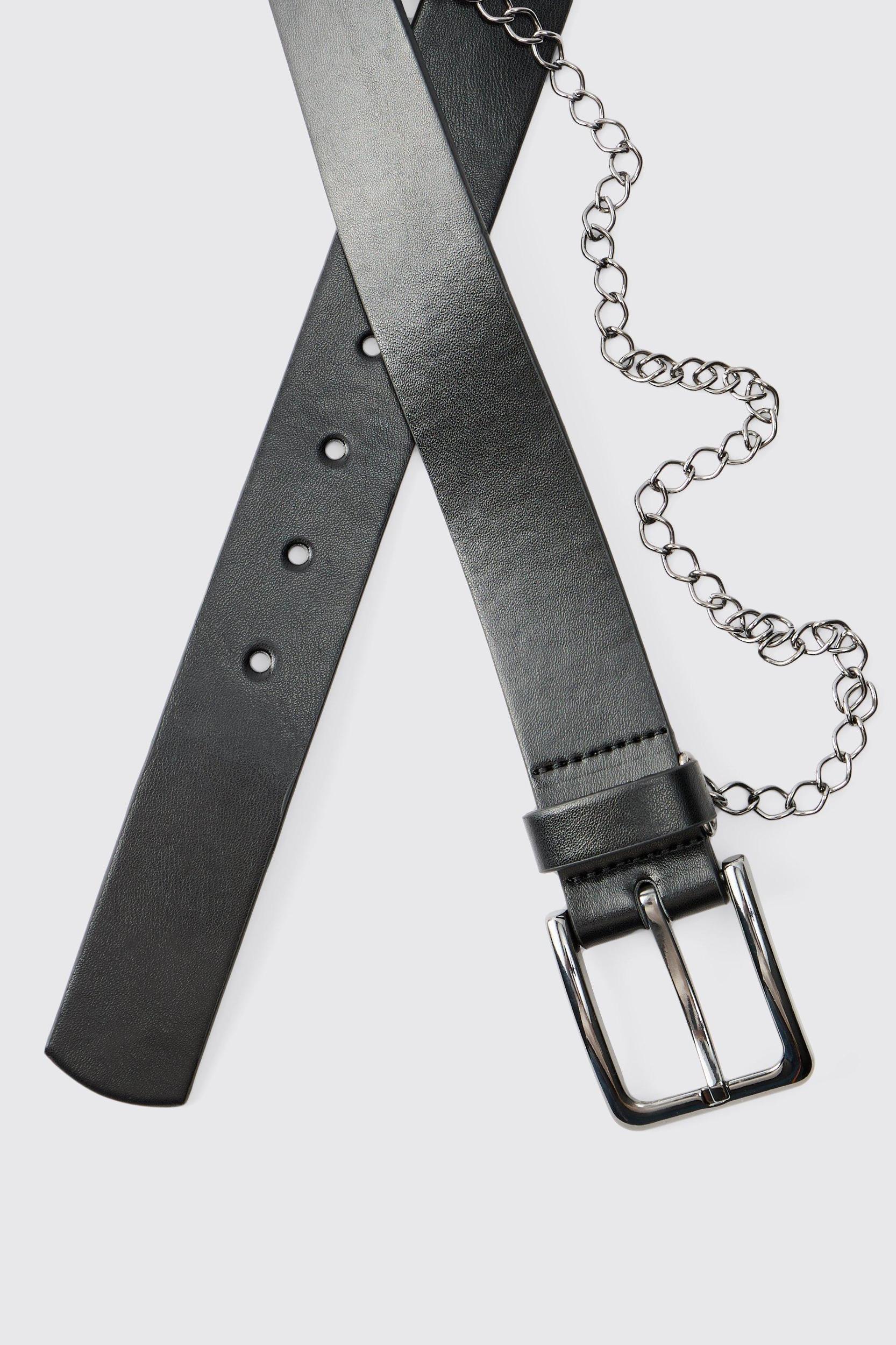 Faux Leather Belt With Chain | boohooMAN USA Product Image