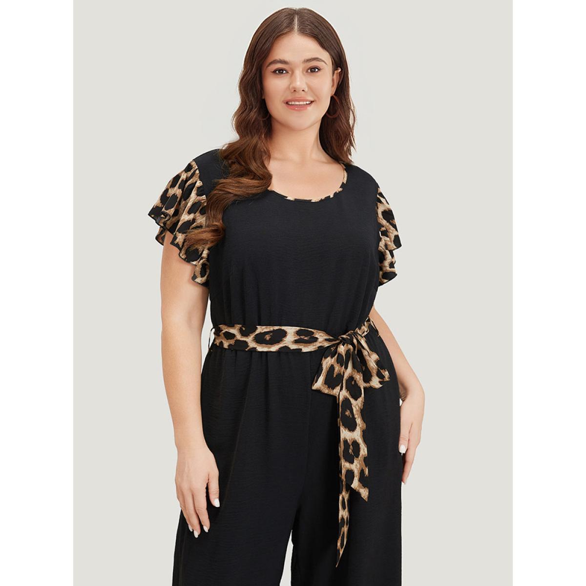 Plus Size DarkBlue Leopard Patchwork Pocket Belted Ruffle Sleeve Jumpsuit Women Office Sleeveless Round Neck Work Loose Jumpsuits BloomChic 14-16/1X Product Image