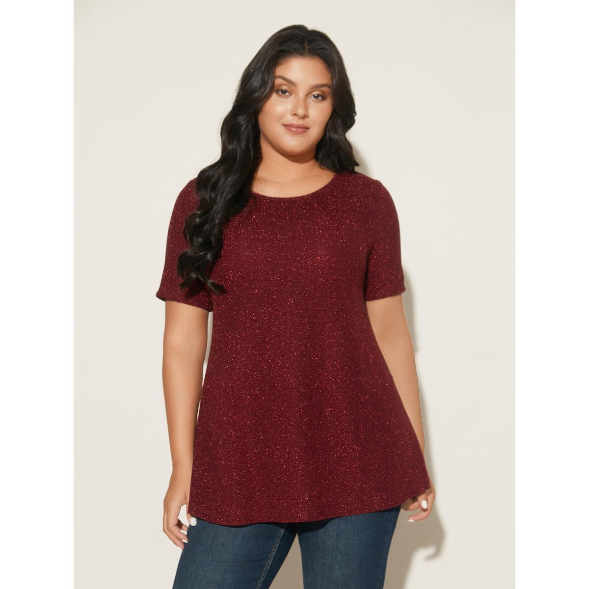 Plus Size Shimmering Gold & Silver Thread A-Line Tee Burgundy Women Casual Non Round Neck Loose Everyday T-shirts BloomChic 30/6X Product Image