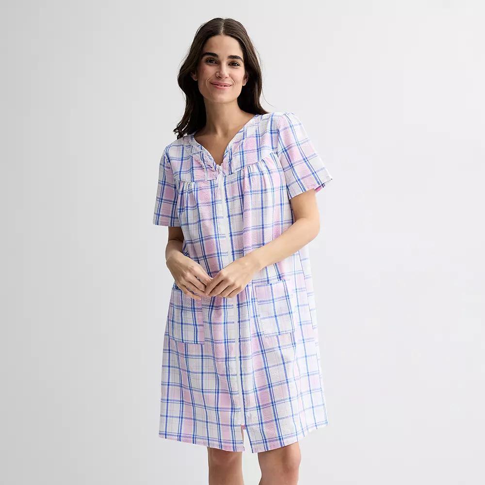 Women's Croft & Barrow® Woven Zip Short Robe, Size: Medium, Summer Plaid Pink Product Image