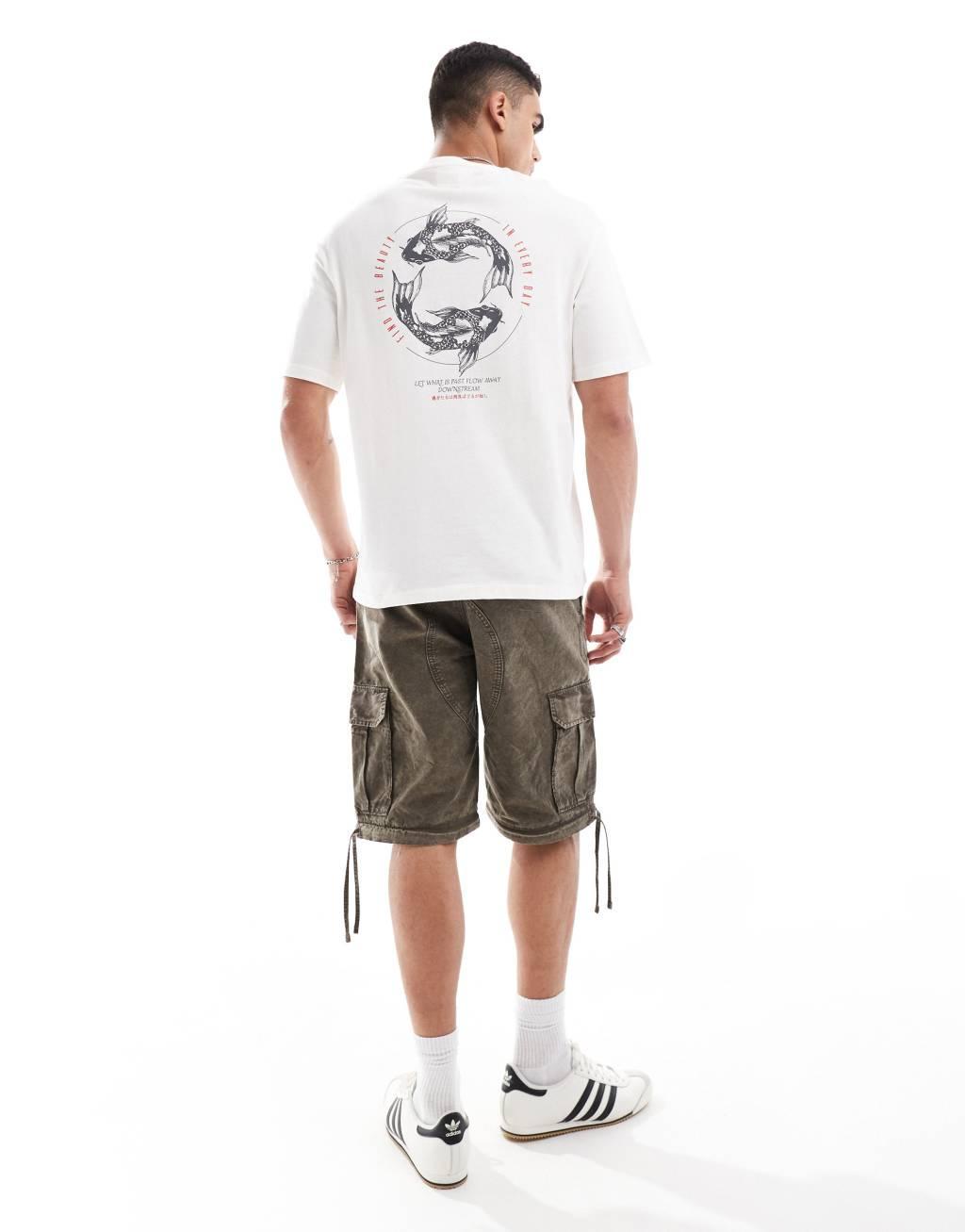 Selected Homme oversized t-shirt with koi back print in white Product Image