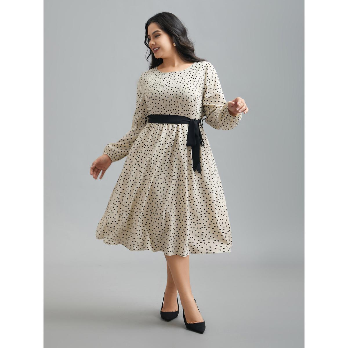 Plus Size Round Neck Polka Dot Waist-Tie Midi Dress Apricot Women Elegant Belted Round Neck Long Sleeve Curvy BloomChic 18-20/2X Product Image