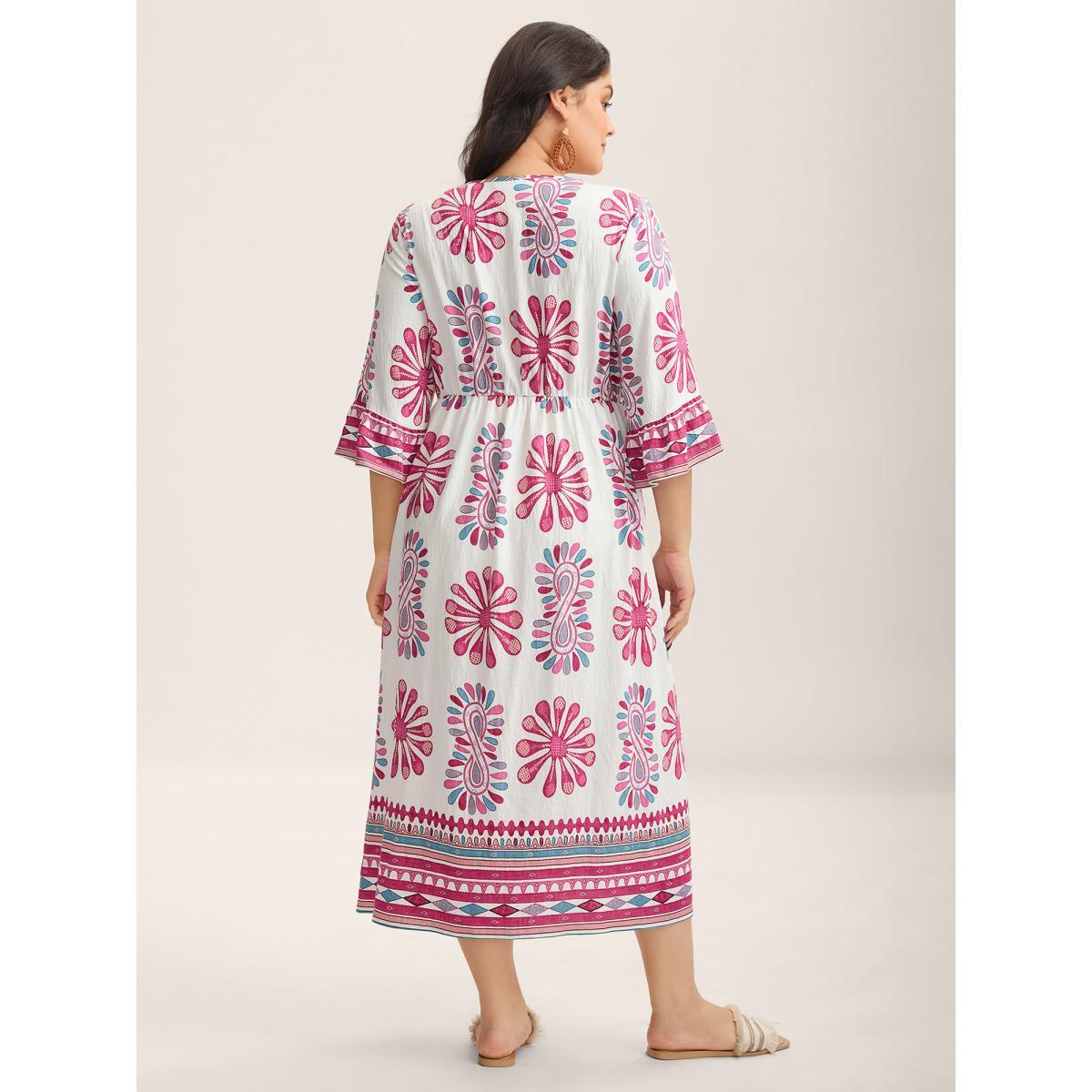 Plus Size Boho Drama Sheer A-Line Midi Dress Rosered Women V-neck Elbow-length sleeve Curvy BloomChic 26/4X Product Image