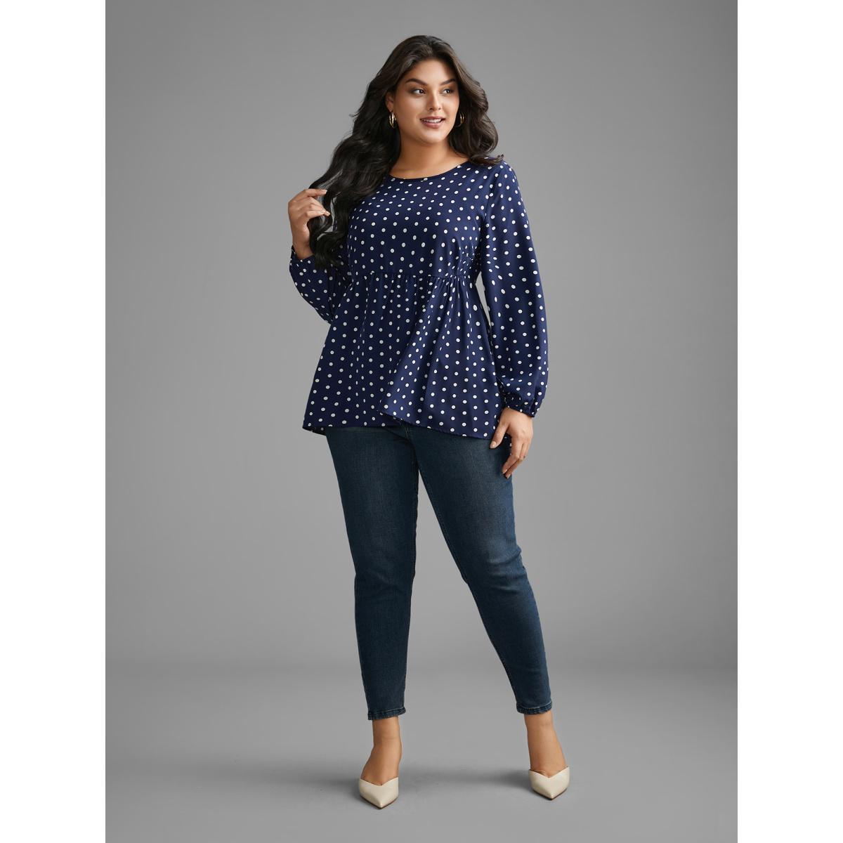 Plus Size Indigo Polka Dot Gathered Lantern Sleeve Blouse Women Elegant Long Sleeve Round Neck Everyday Blouses BloomChic 10/M Product Image