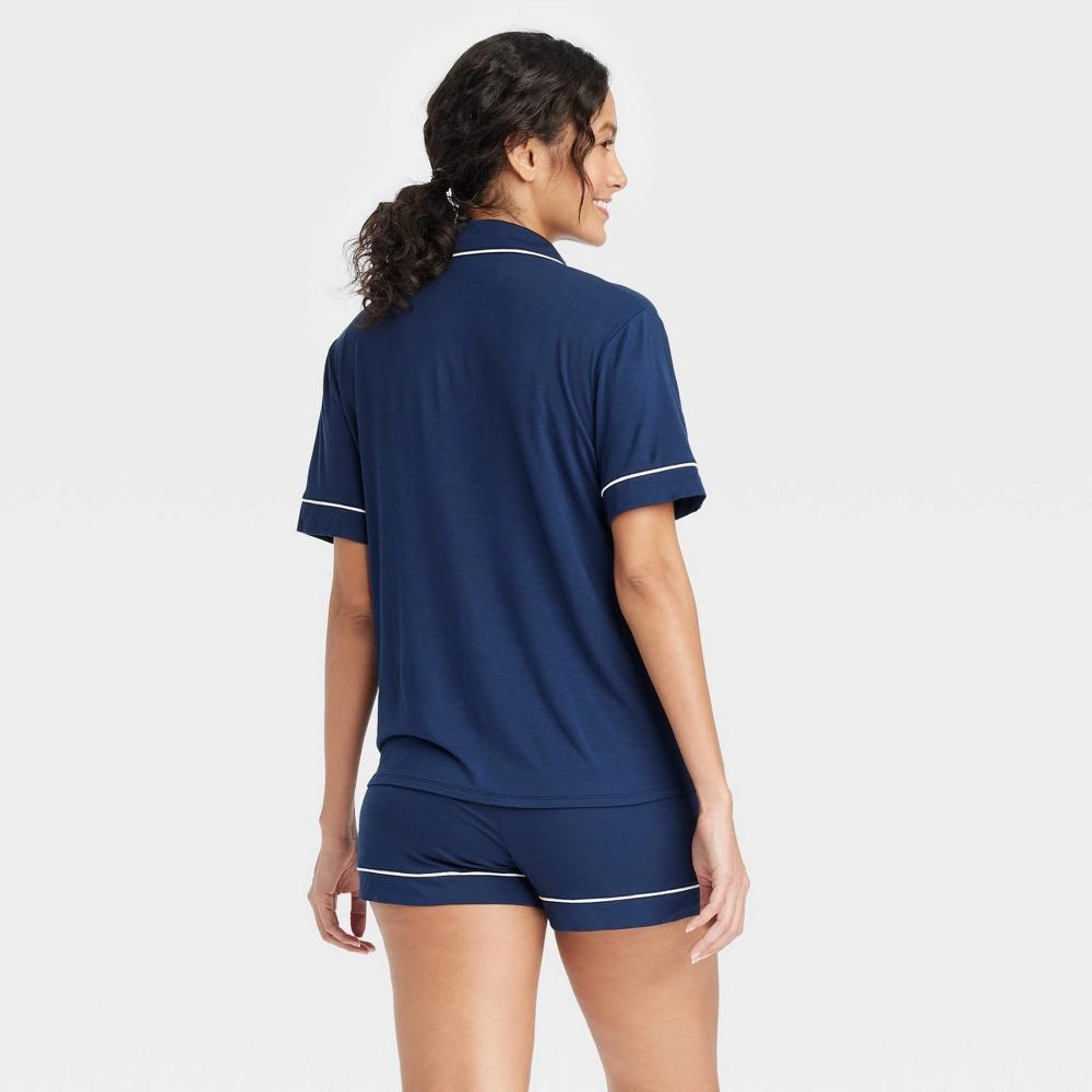 Women's Cloud Knit Short Sleeve Notch Collar Top and Shorts Pajama Set - Auden™ Navy Blue XL: Modal-Spandex Blend, Button Down Product Image