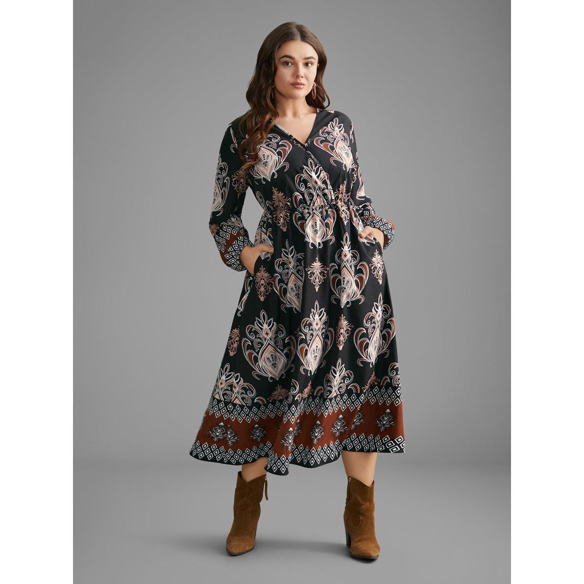 Plus Size Bandana Overlap Collar Elastic Waist Dress Black Women Resort Non Overlap Collar Long Sleeve Curvy BloomChic 12/L Product Image