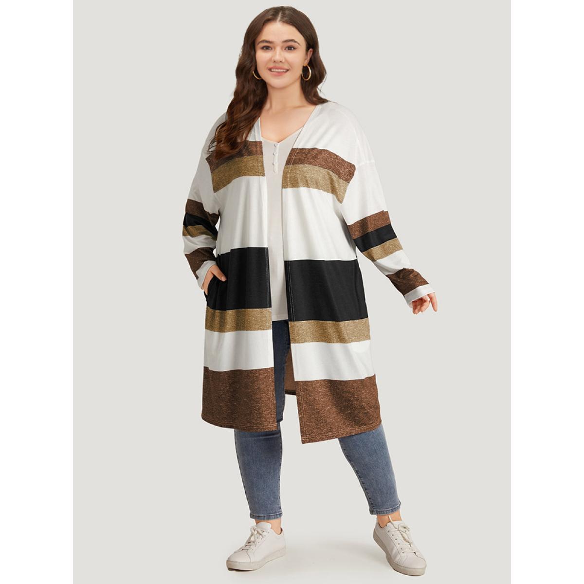 Plus Size Striped Contrast Pocket Open Front Kimono Women DarkBrown Casual Contrast Loose Pocket Everyday Kimonos BloomChic 14-16/1X Product Image