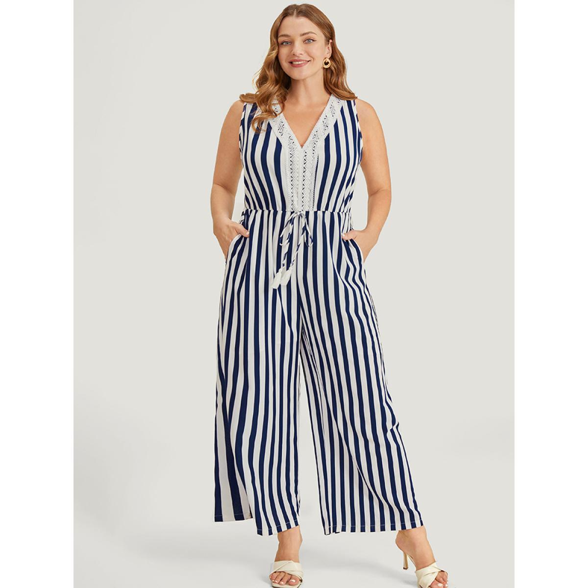Plus Size DarkBlue Striped Print Contrast Lace Pocket Knot Tassels Tank Jumpsuit Women Office Sleeveless V-neck Work Loose Jumpsuits BloomChic 18-20/2X Product Image