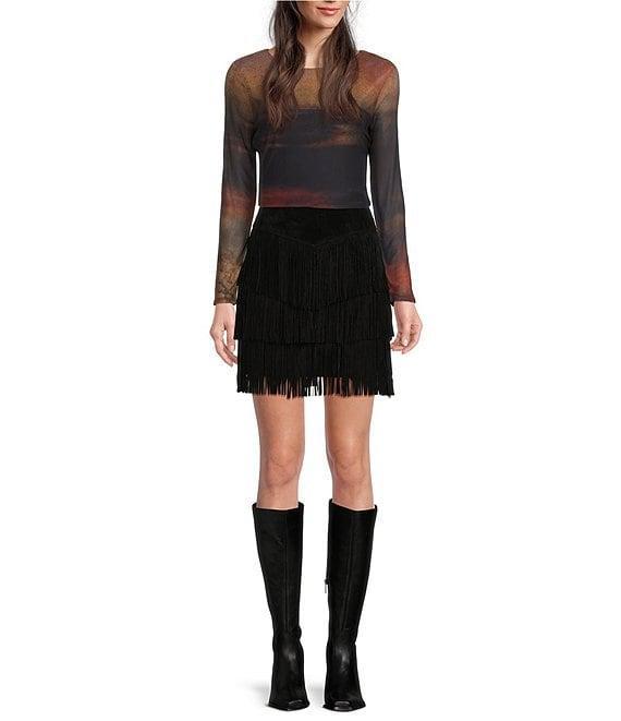 Scully Western Tiered Suede Fringe Mini Skirt Product Image