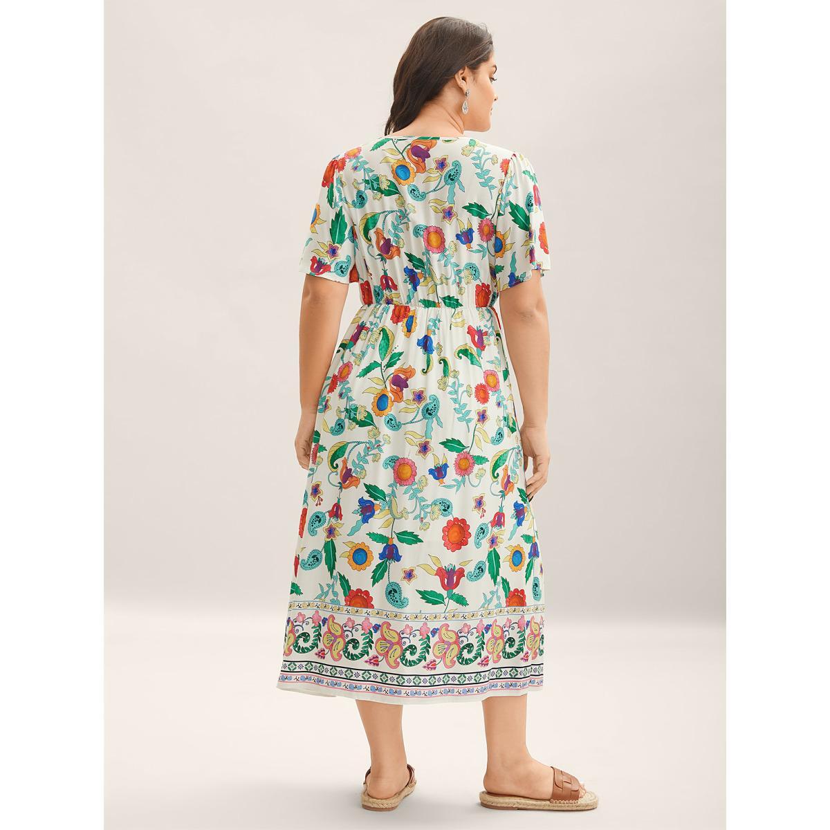 Plus Size Sunkissed Floral V-Neck Pockets Midi Dress Multicolor Women V-neck Short sleeve Curvy BloomChic 14-16/1X Product Image