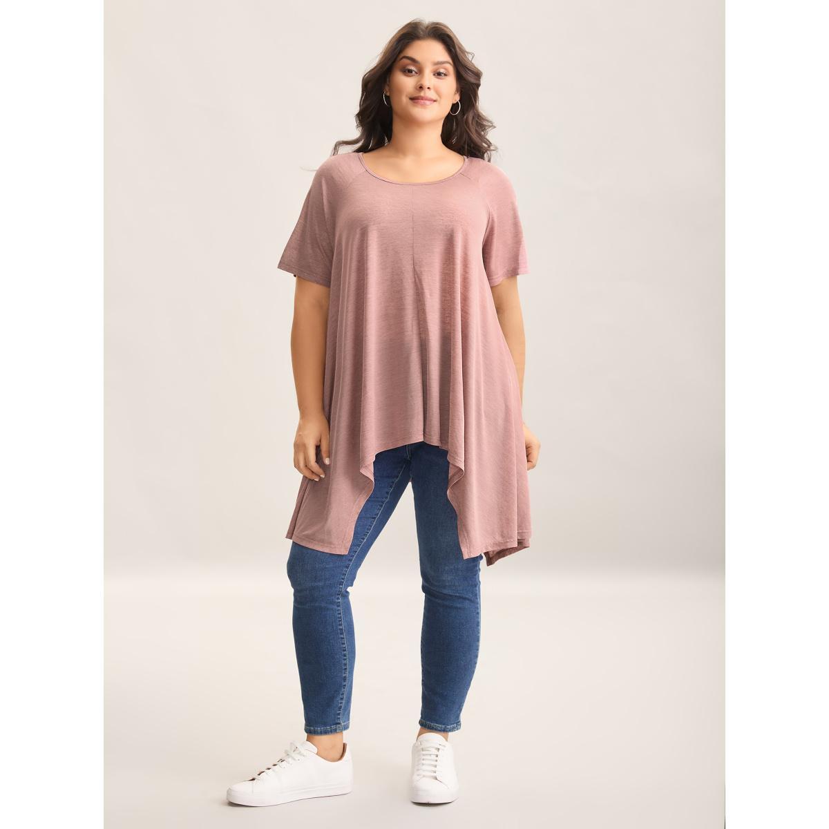 Plus Size Handkerchief Hem Plain Oversized T-Shirt Crepe Women Asymmetrical Boat Neck Loose Everyday-Casual T-shirts BloomChic 26/4X Product Image