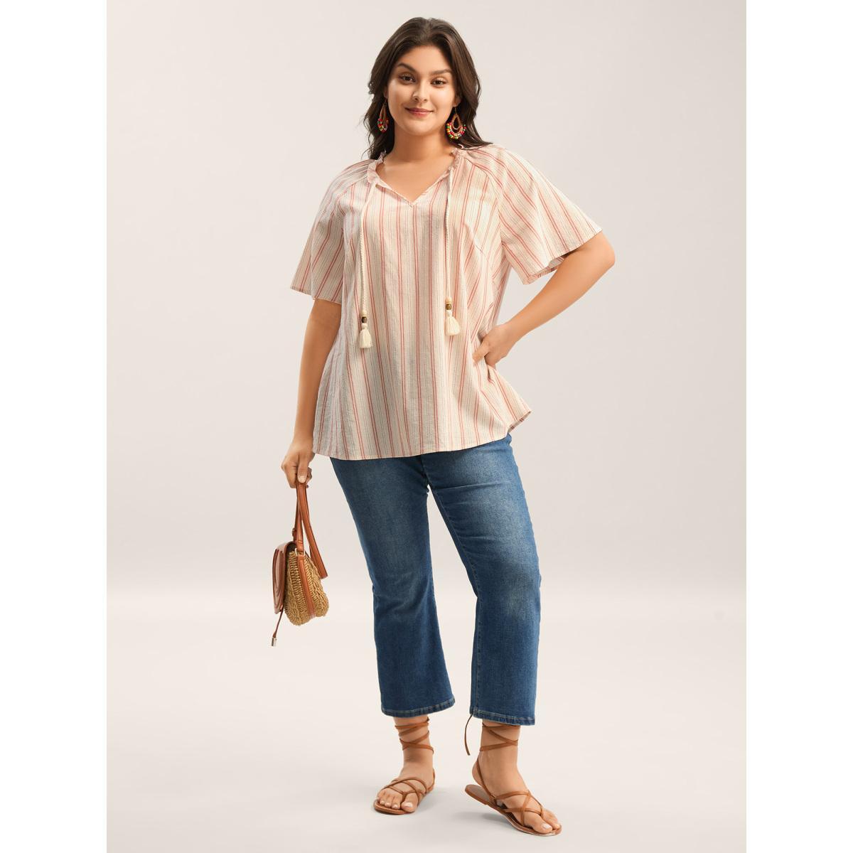 Plus Size Salmon Cotton Stripes Print Neck Tassels Flowy Blouse Women Short sleeve Notched collar Vacation Blouses BloomChic 12/L Product Image