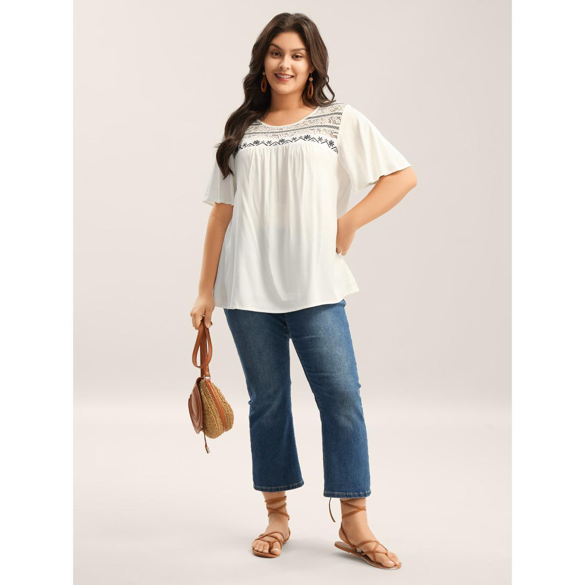 Plus Size WhiteSmoke Stretchy Boho Neck Cut-Out Blouse Women Short sleeve Round Neck Vacation Blouses BloomChic 10/M Product Image