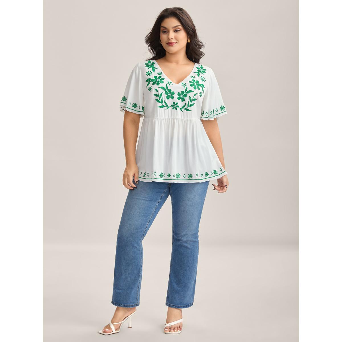 Plus Size WhiteSmoke Floral Embroidery Flared Flowy Blouse Women Short sleeve V-neck Everyday-Elegant Blouses BloomChic 22-24/3X Product Image