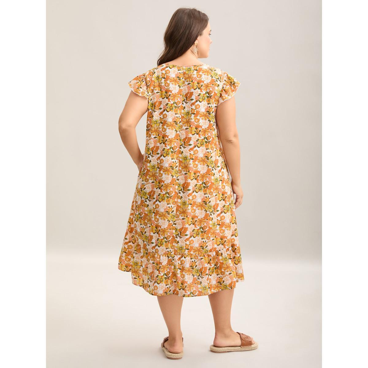 Plus Size Sunkissed Floral Print Flutter Sleeve Midi Dress Brightorange Women Round Neck Cap Sleeve Curvy BloomChic 30/6X Product Image