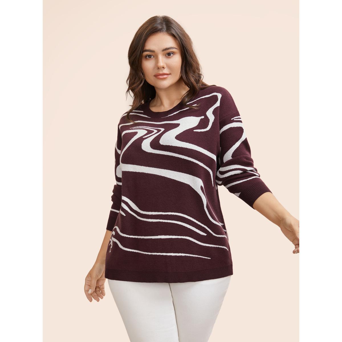 Plus Size Water Ripple Contrast Drop Shoulder Pullover DarkBrown Women Casual Loose Long Sleeve Round Neck Everyday Pullovers BloomChic 18-20/2X Product Image