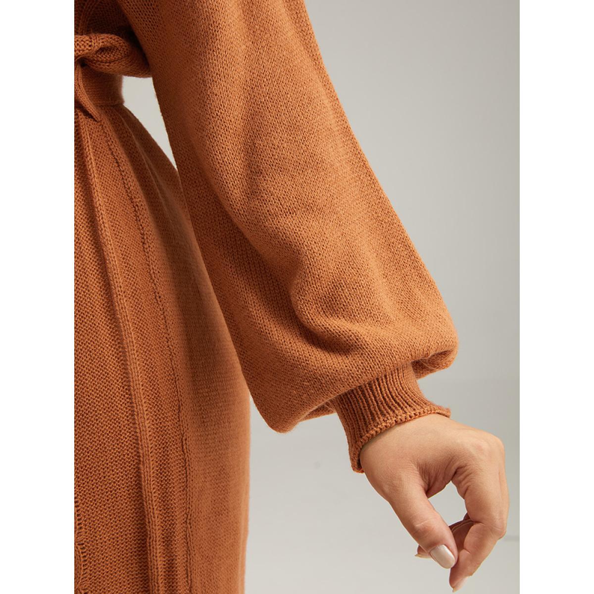 Plus Size Cable Knit Belted Lantern Sleeve Sweater Dress Chocolate Women Casual Loose Long Sleeve Dailywear Sweater Dresses BloomChic 12/L Product Image