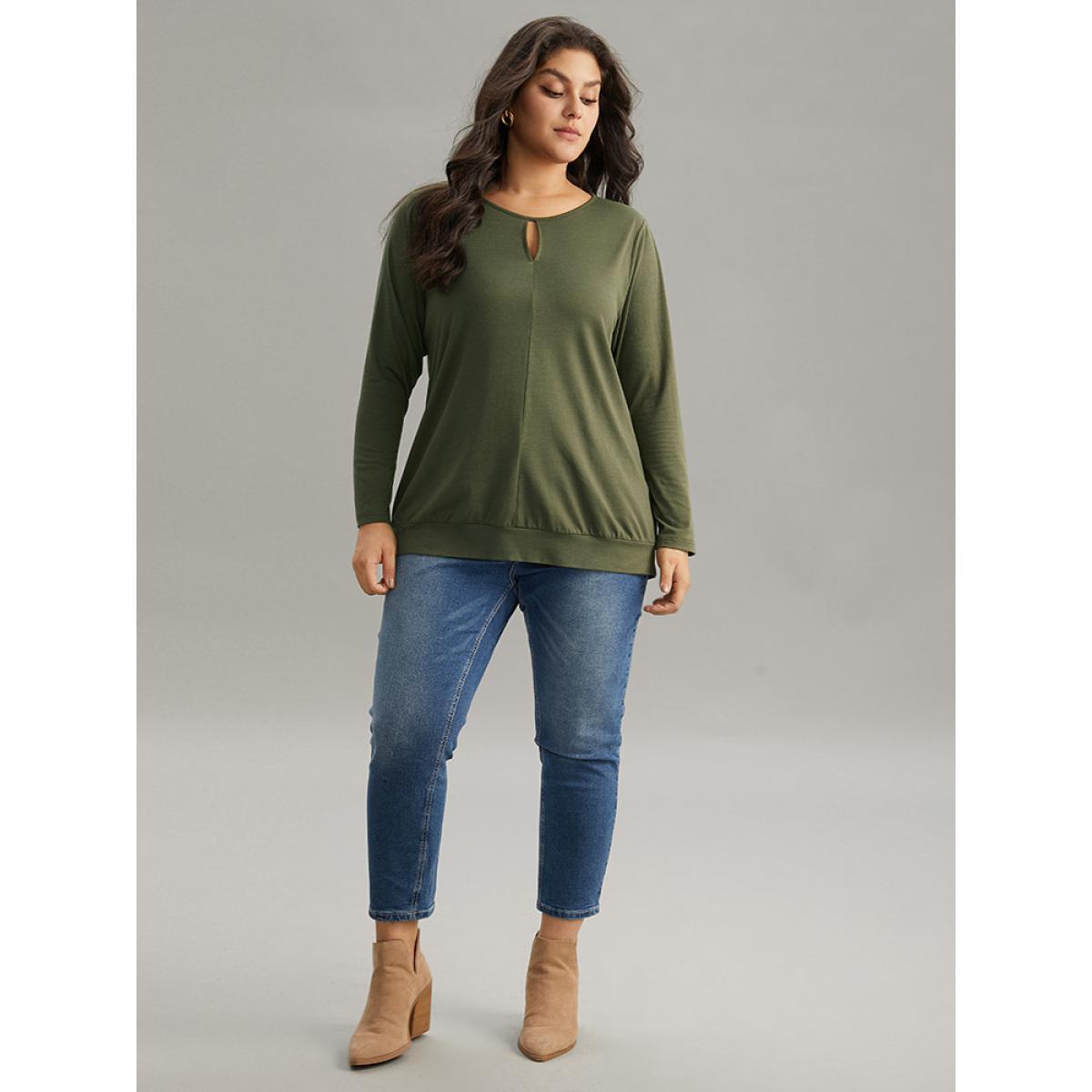 Plus Size Plain Cut Out Round Neck Knit T-shirt ArmyGreen Women Elegant Cut-Out Plain Round Neck Dailywear T-shirts BloomChic 18-20/2X Product Image