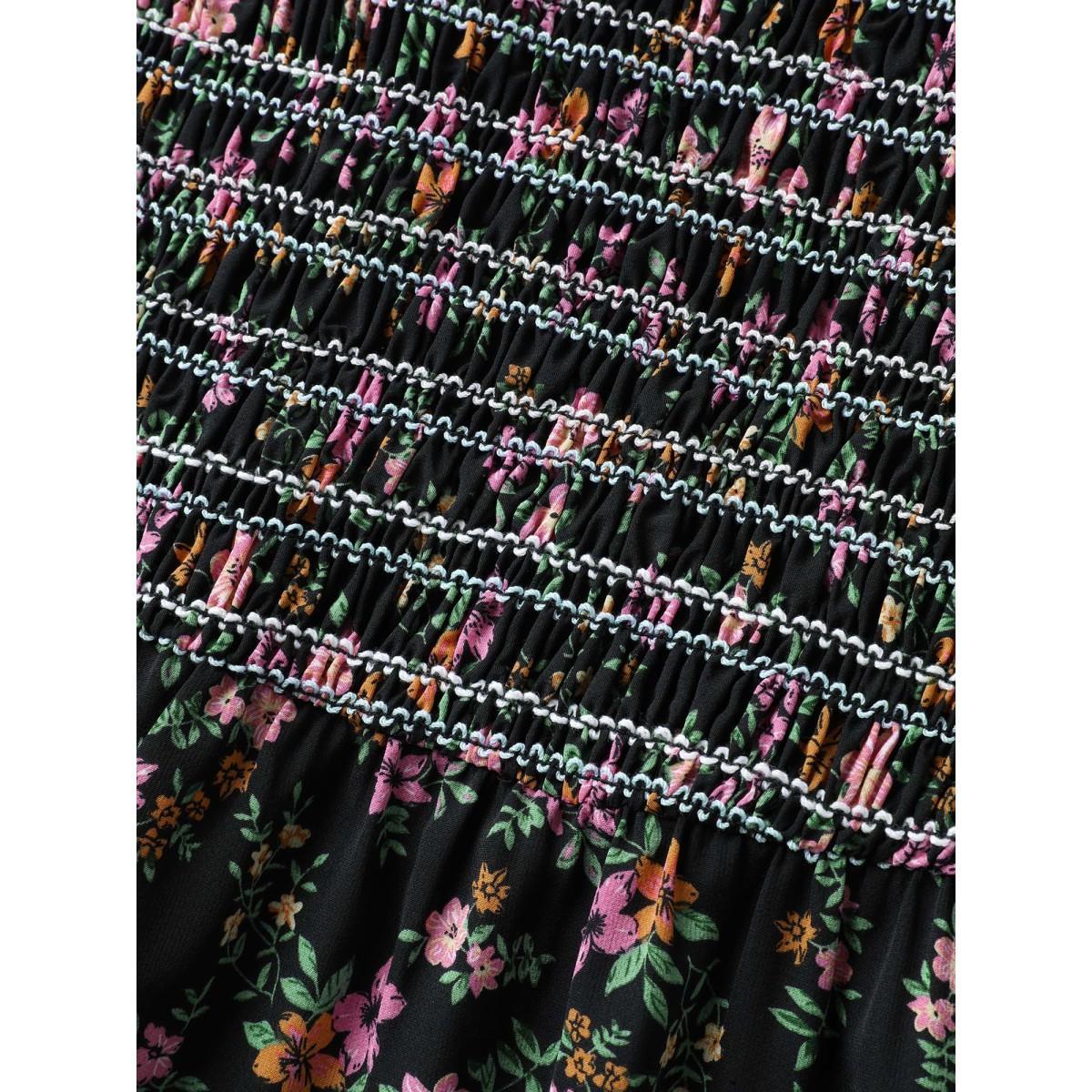 Plus Size Floral Shirred Bodice Contrast Midi Dress Black Women Gathered Square Neck Short sleeve Curvy BloomChic 12/L Product Image