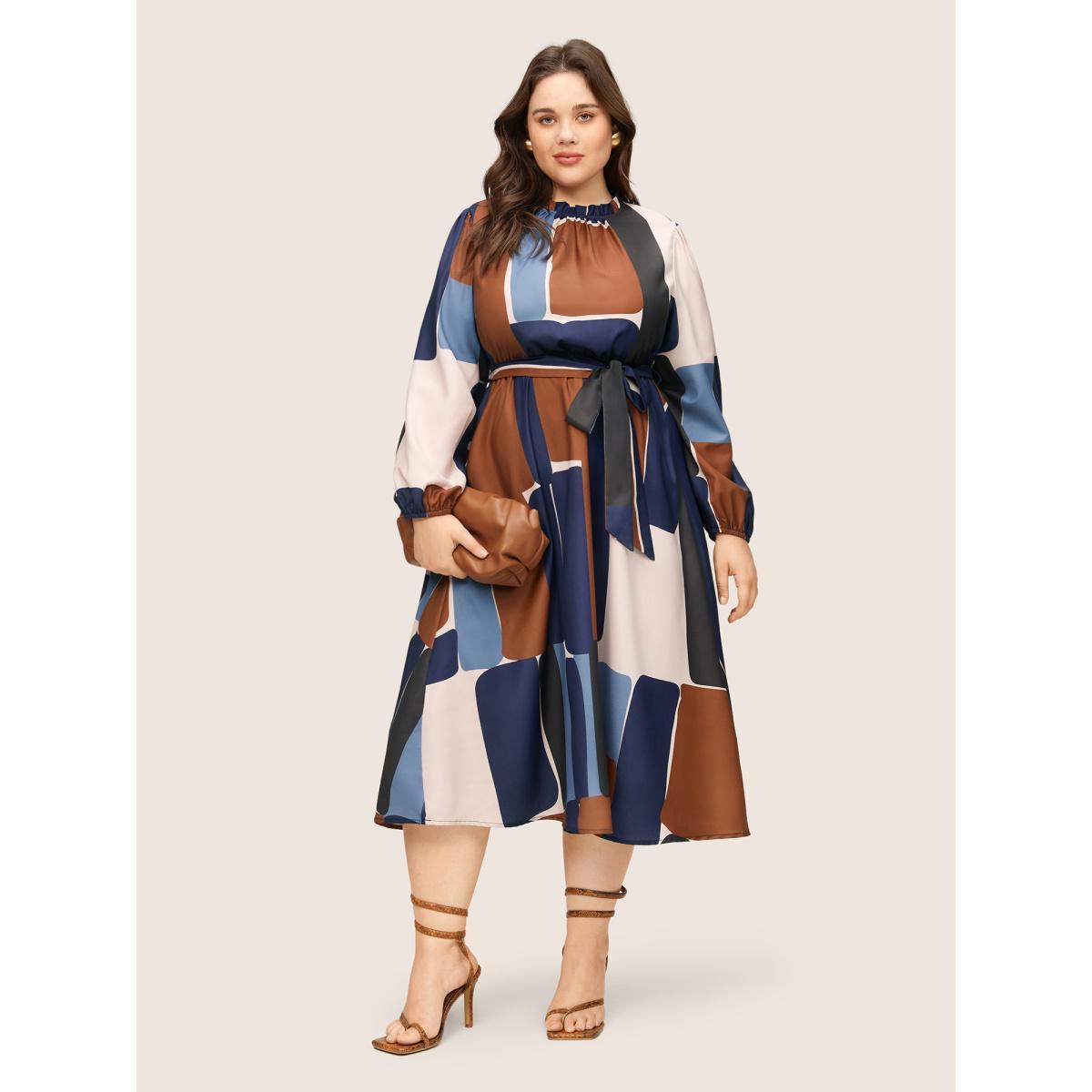 Plus Size Colorblock Contrast Gathered Frill Trim Belted Dress Multicolor Women Elegant Non Mock Neck Long Sleeve Curvy Midi Dress BloomChic 30/6X Product Image