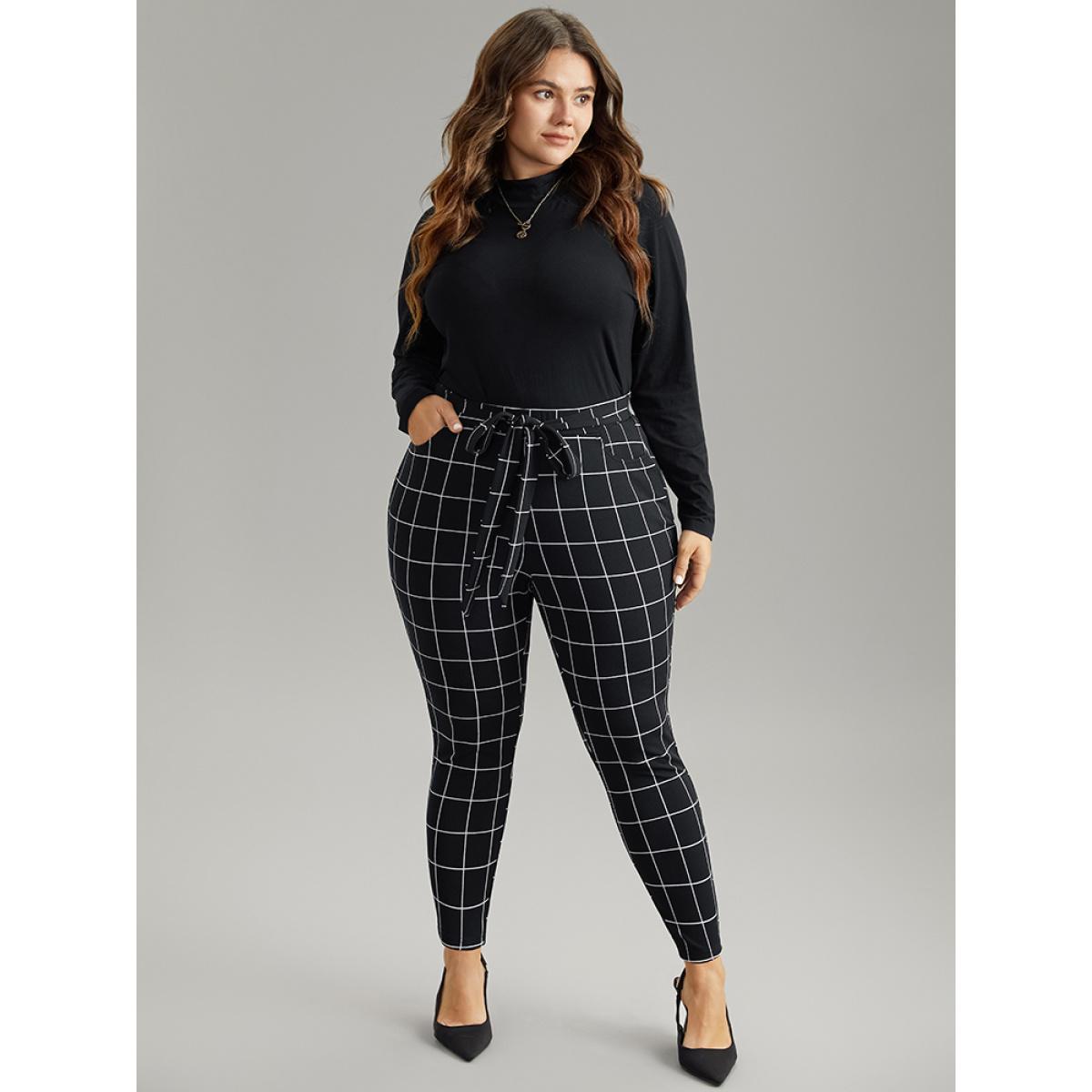 Plus Size Plaid Elastic Waist Ties Bodycon Pants Women Black Elegant Bodycon High Rise Dailywear Pants BloomChic 26/4X Product Image