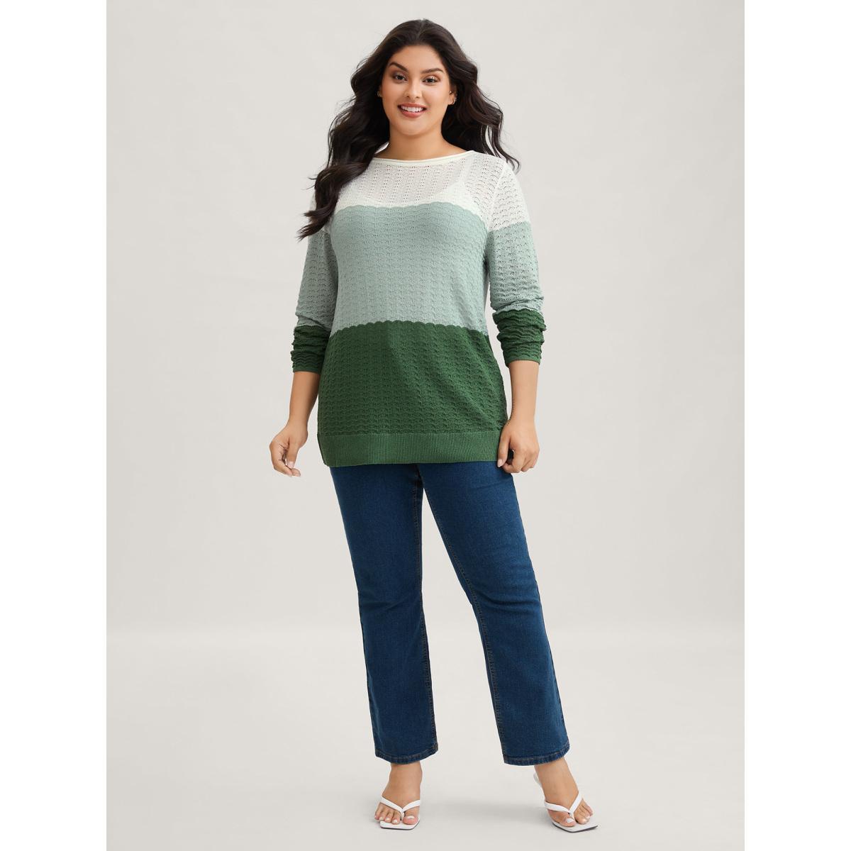 Plus Size Color Contrast Boat Neck Lightweight Pullover Moss Women Casual Loose Long Sleeve Boat Neck Everyday Pullovers BloomChic 12/L Product Image