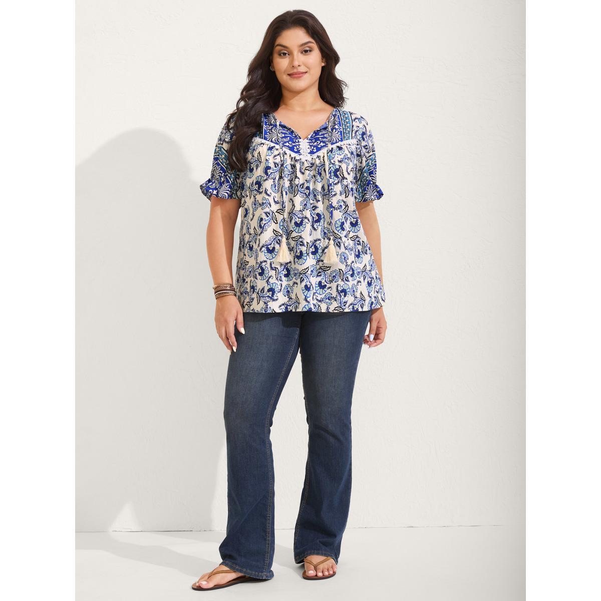 Plus Size DarkBlue Boho Floral Print Neck Tassels Blouse Women Short sleeve Flat collar with V-notch Vacation Blouses BloomChic 22-24/3X Product Image