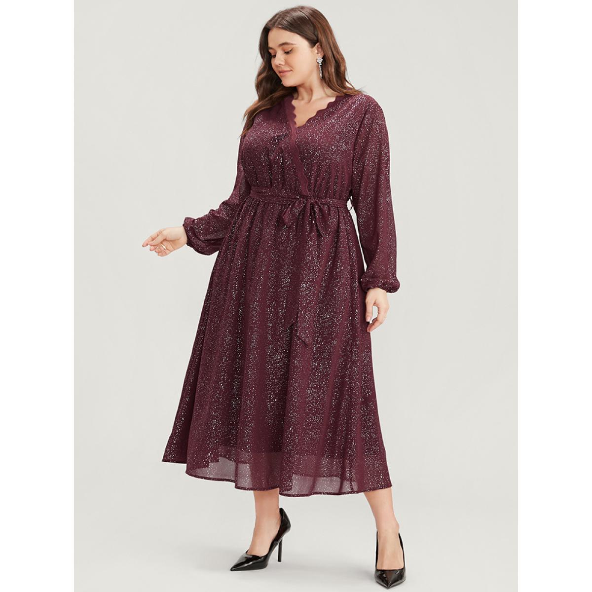 Plus Size Polka Dot Wrap Lace Trim Lantern Sleeve Pocket Belted Dress Burgundy Women Party Pocket V-neck Long Sleeve Curvy Midi Dress BloomChic 26/4X Product Image
