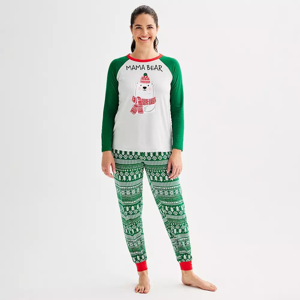 Petite Jammies For Your Families® Bear Pajama Top & Jogger Pajama Bottoms Set, Women's, Size: XS Petite, Green Fairisle Product Image