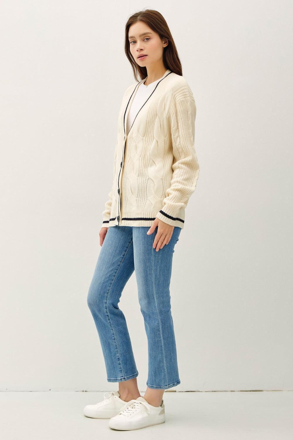 Be Cool Contrast Trim Cable-Knit V-Neck Cardigan Product Image