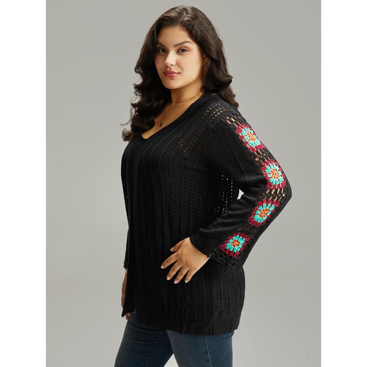 Plus Size Plain Hollow Out Patchwork Cardigan Black Women Casual Loose Long Sleeve Dailywear Cardigans BloomChic 30/6X Product Image